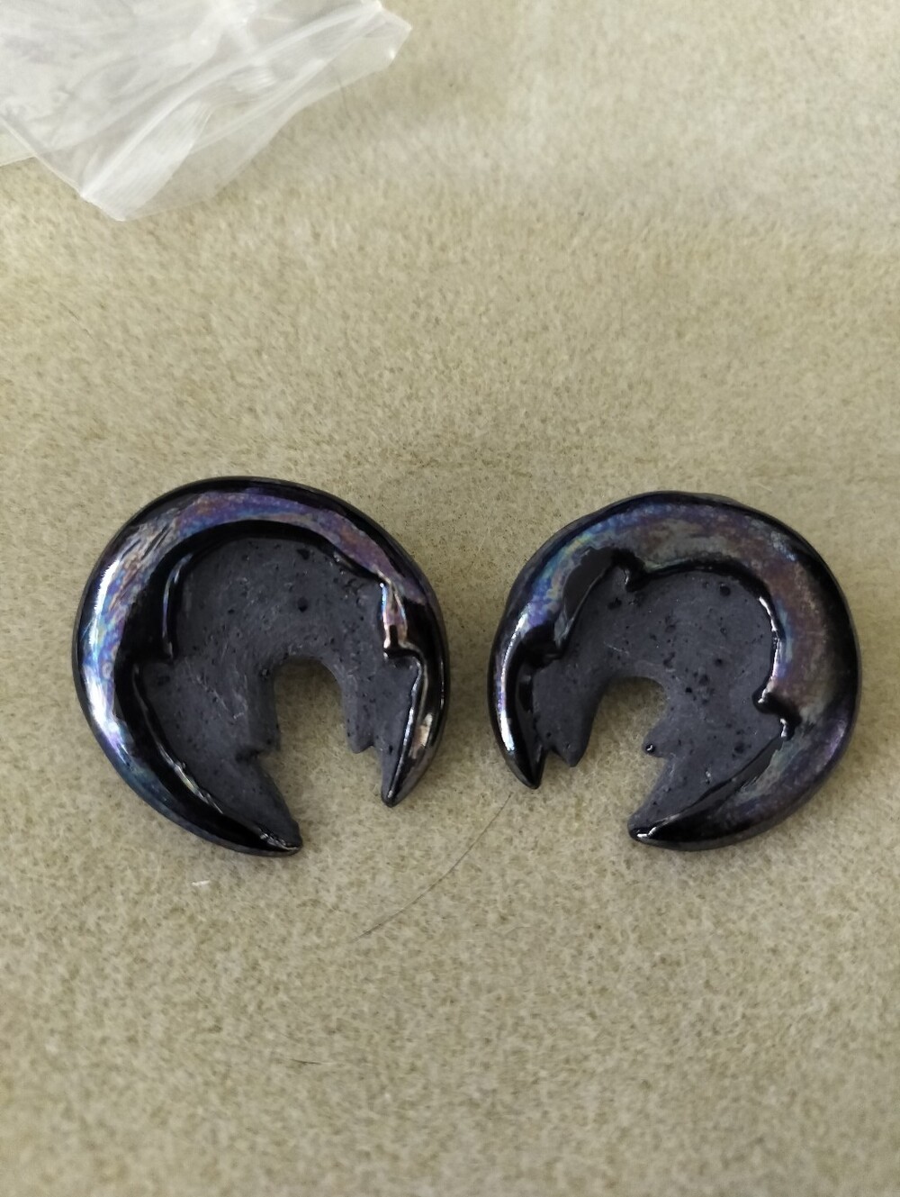 Vintage Raku Studio Art Pottery Earrings Crescent Moon Iridescent Ceramic Posts